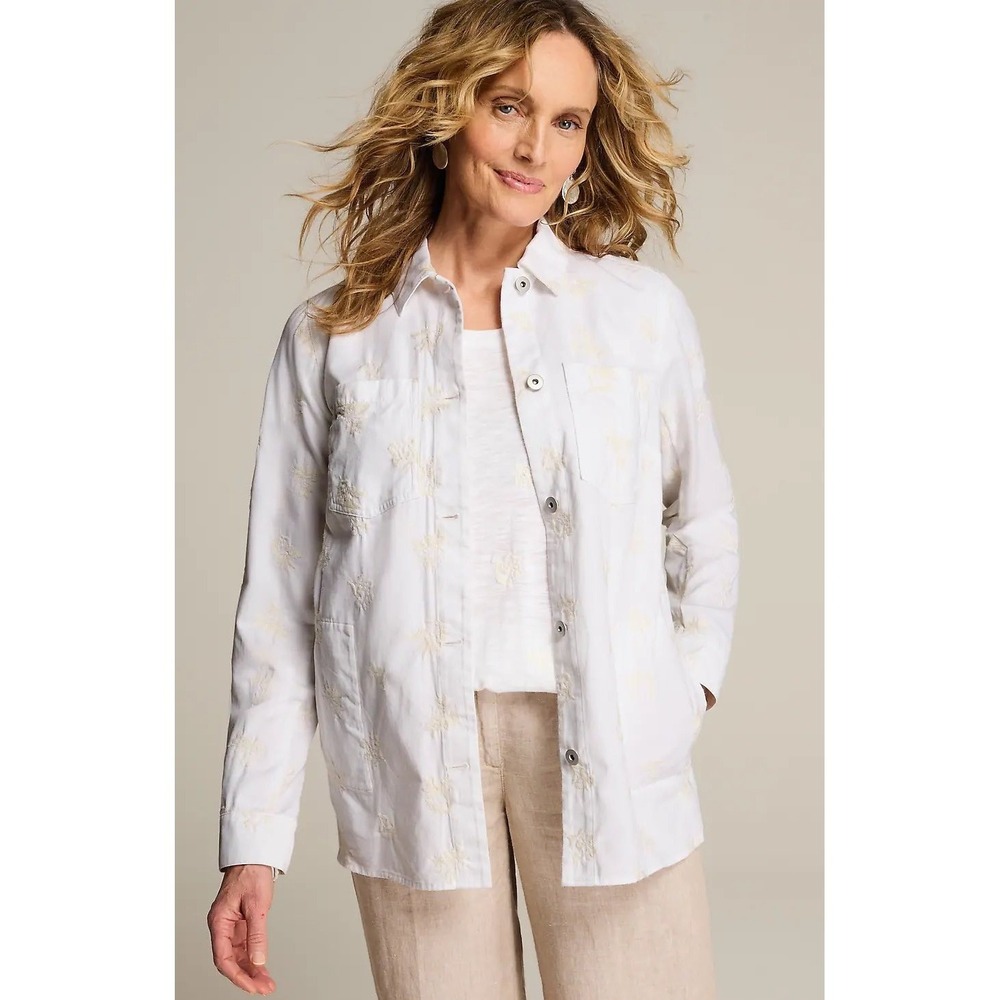 J Jill Embroidered Patch Pocket Shirt Jacket XS Boho Coastal Preppy Casual Clean